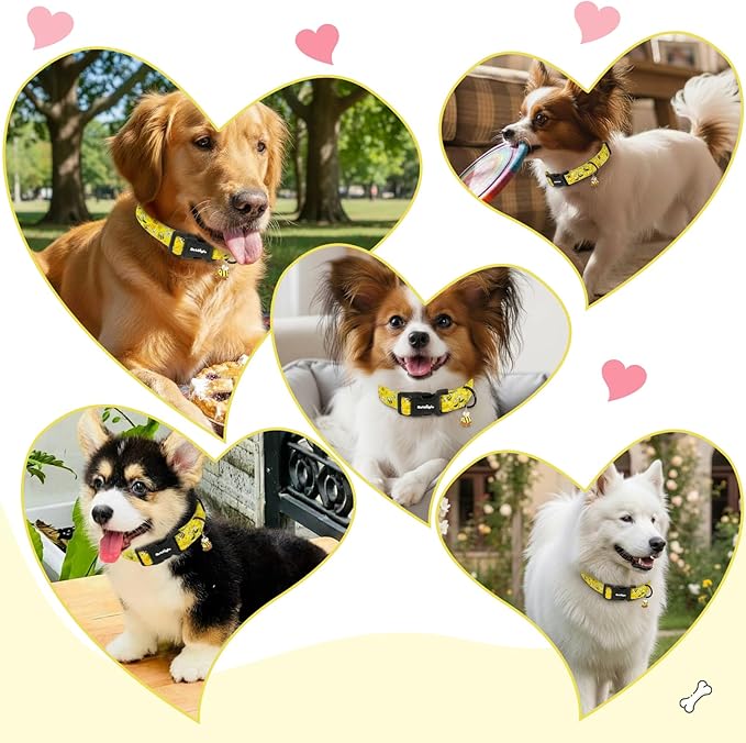 Yellow Dog Collar for Small Dogs, Spring & Summer Theme Small Dog Collars Featuring Bee Pollinating White Flowers Pattern, Adjustable Cotton Collar for Girl Boy Dogs -S
