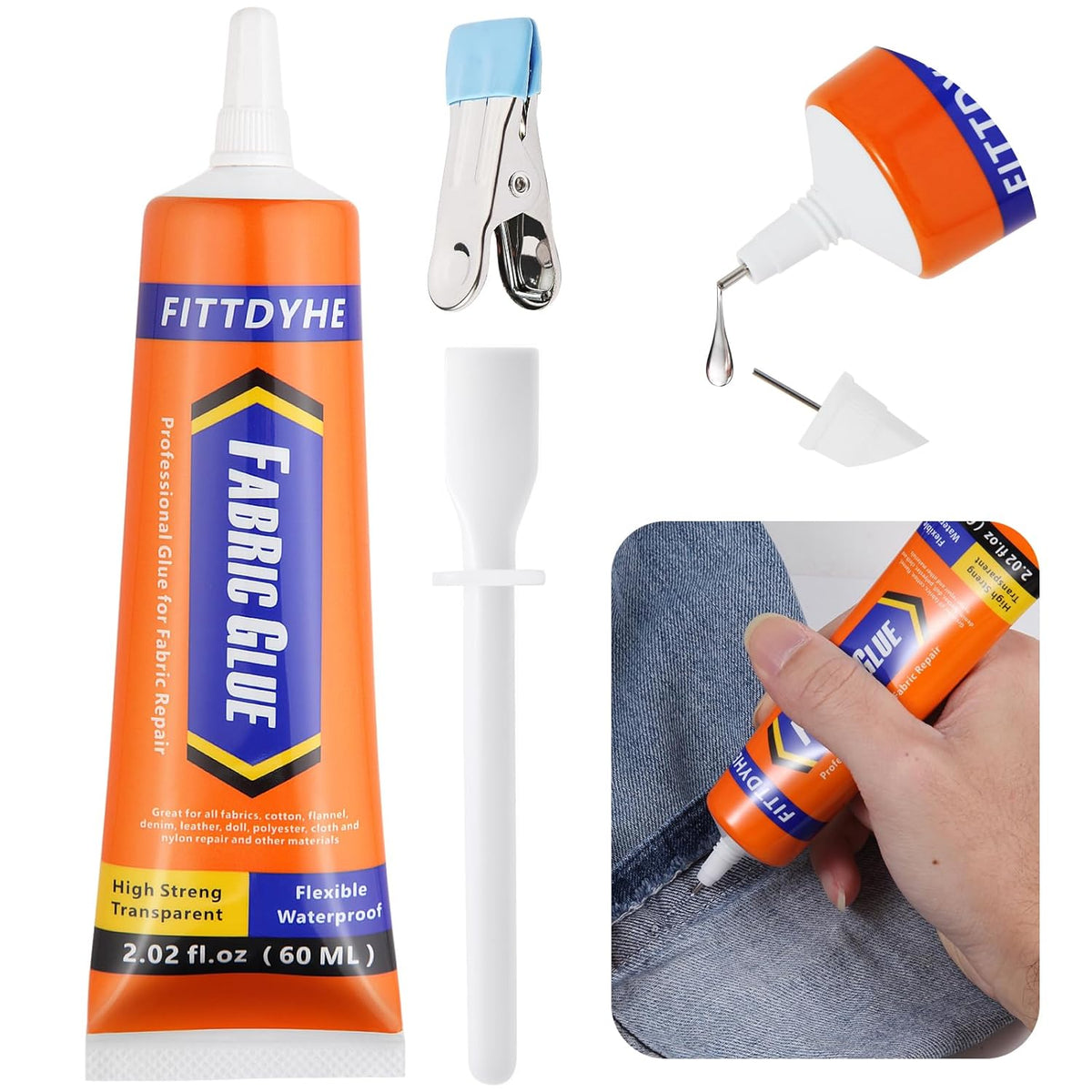 Fabric Glue Permanent, 60 ML Washable Clear Clothing Glue, Super Fabric Adhesive for Rhinestones, Patches, Clothes, Denim, Leather, Polyester, Fabrics, Doll Repair, Flannel, Cotton