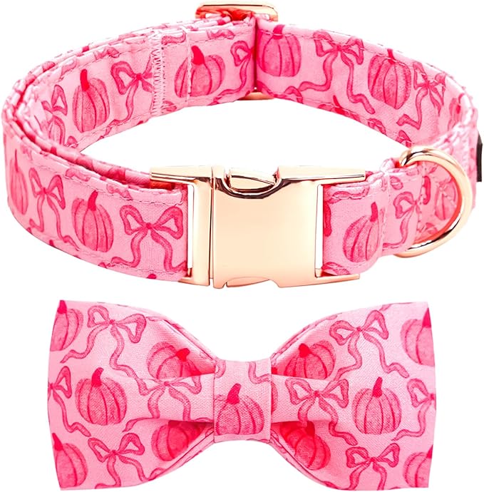 Dog Collar, Pink Pumpkin Print Adjustable Pet Collar Cute Cotton Soft Collars with Bow Tie Fall Metal Buckle Holiday Puppy Collars Boy&Girl Gift for Small Dogs