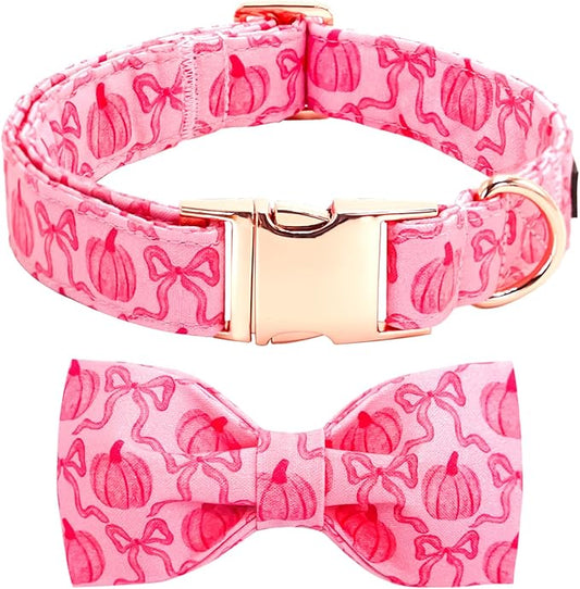 Dog Collar, Pink Pumpkin Print Adjustable Pet Collar Cute Cotton Soft Collars with Bow Tie Fall Metal Buckle Holiday Puppy Collars Boy&Girl Gift for X-Small Dogs