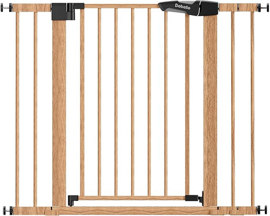 Mom's Choice Award Winner-BABELIO 26-40" Metal Baby Gate with Wood Pattern, PressGuard C5 Easy Install Pressure Mounted Dog Gate for Stairs and Doorways, with Wall Protectors and Extension Kits
