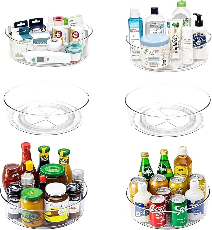 6 Pack Lazy Susan 11.5" Inch Turntable Organizer Organization Storage Container Bins Spice Rack Cabinet Rotating Condiment for Pantry Countertop Kitchen Vanity Bathroom Jewelry Holder Clear