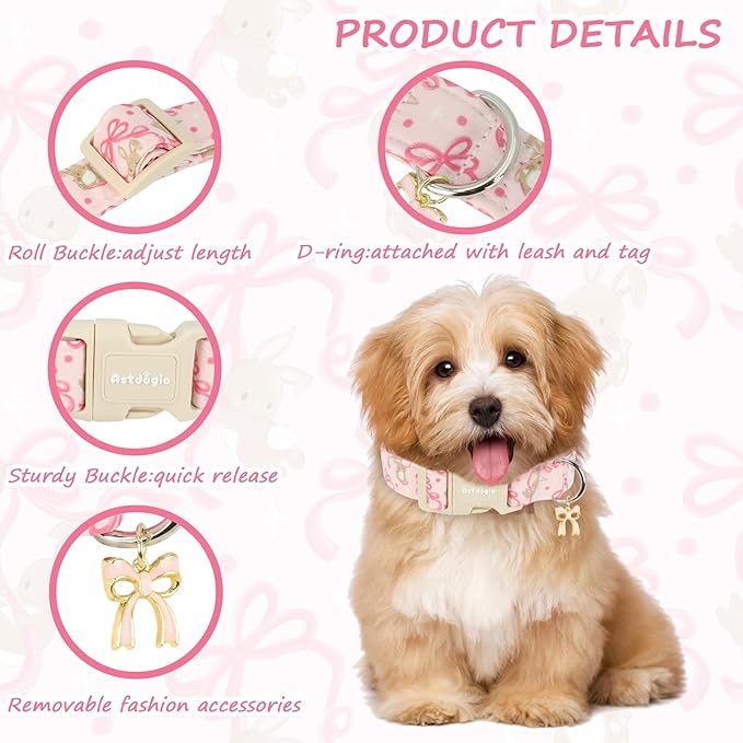 Easter Dog Collar, Spring Pink Dog Collar with Pink Bow & Rabbit, Adjustable Cotton Puppy Collars Girl Boy Collar for Small Medium Large Dogs -XS