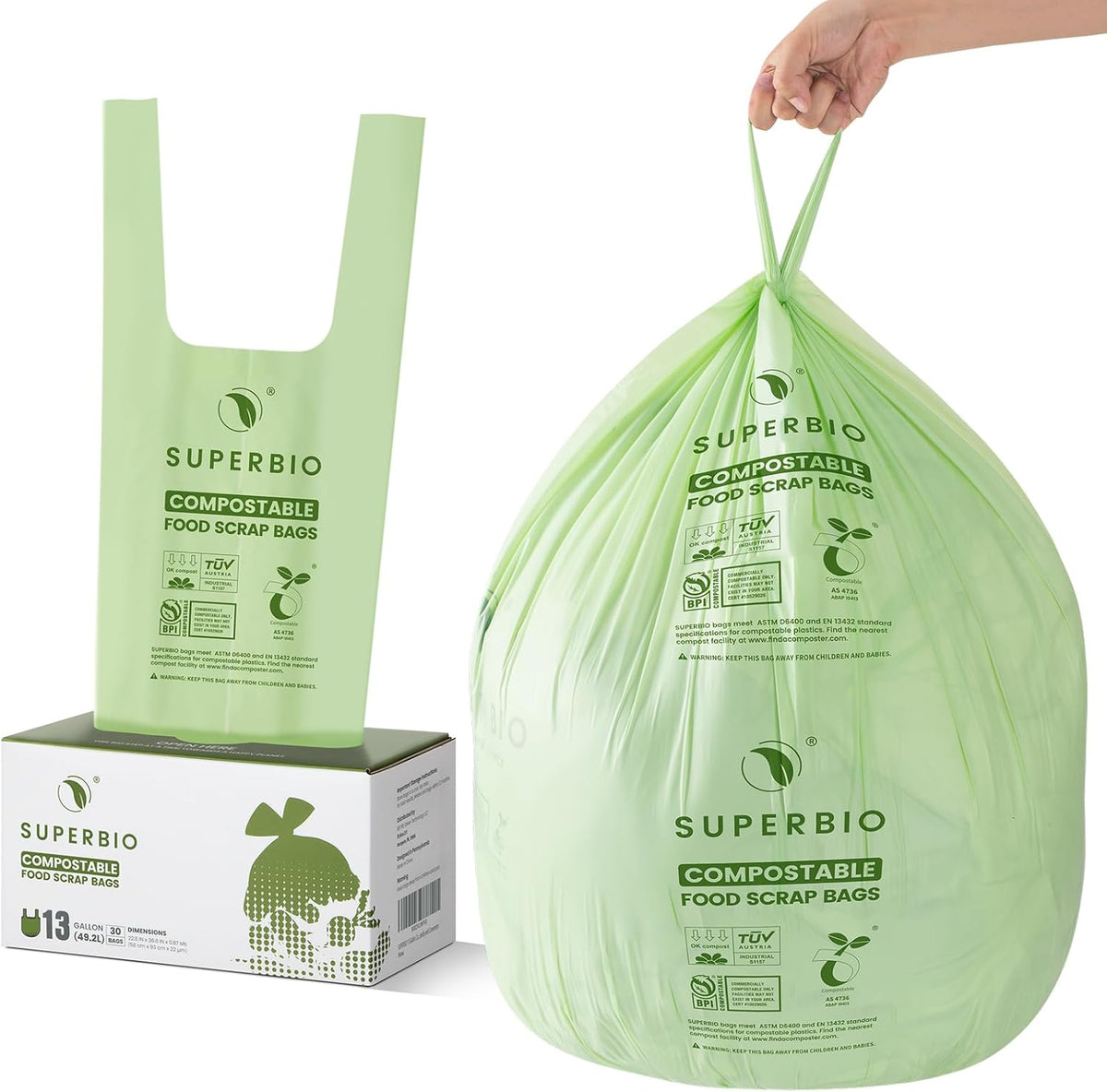 SUPERBIO 13 Gallon Compostable Kitchen Waste Bags with Handles, Food Scrap Bags Certified by BPI, OK compost INDUSTRIAL, 30 Count, 49.2L