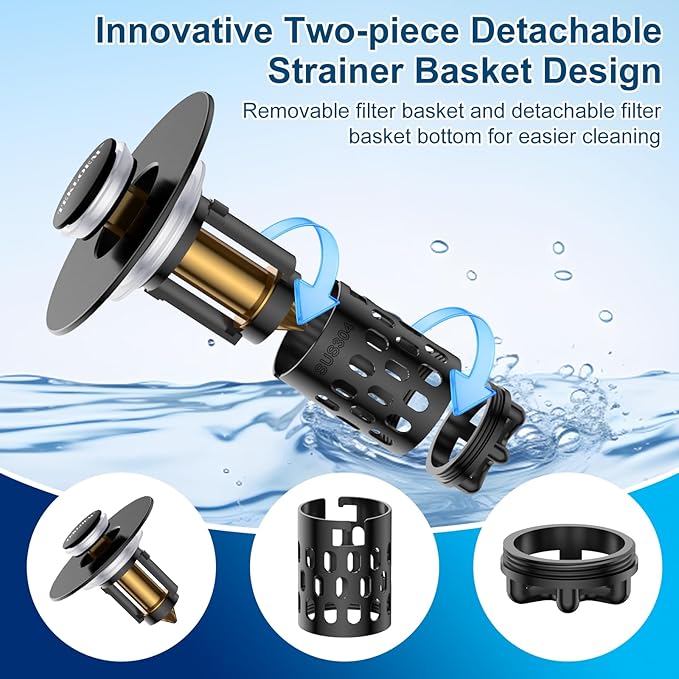 Bathroom Sink Drain Strainer,All Metal Pop-Up Sink Stopper with Removable Stainless Steel Filter Basket, Universal Bathroom Hair Catcher Fit for 1.1-2.36'' Drain (Black, 1 Pack)