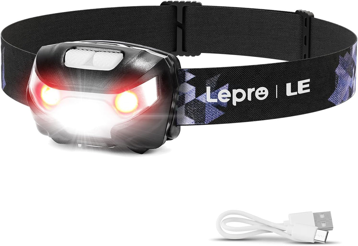 Lepro LED Headlamp Rechargeable - Super Bright Head Lamp with 5 Modes for Camping & Hiking Gear Essentials, IPX4 Waterproof Headlight Flashlight with Red Light, USB Cable Included