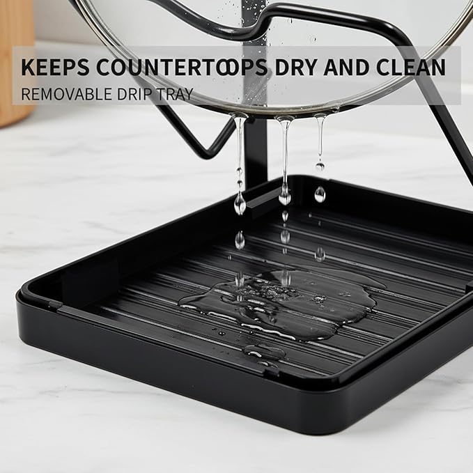 Pot Lid Holder While Cooking, 2-Tier Heavy Duty Pot Lid Organizer with Drip Tray & U-Shaped Groove, Multifunctional Storage Rack for Stove Top & Kitchen Countertop - Black