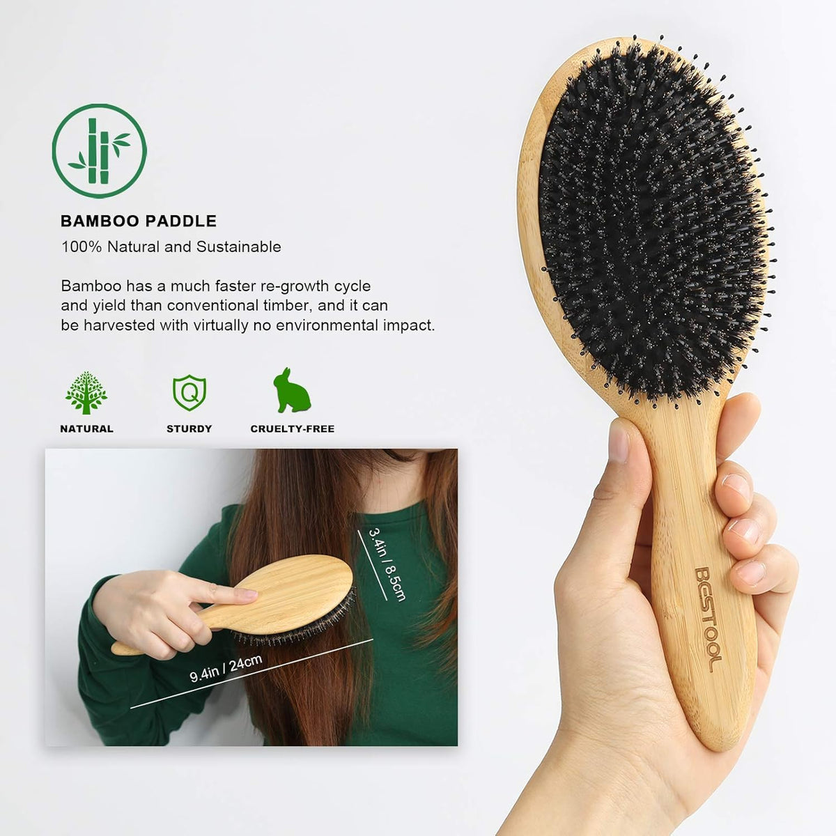 BESTOOL Hair Brush-Boar Bristle Hair Brushes Natural Bamboo Wooden Cushion Massage Anti Static Large Paddle Hairbrush for Women Men and Kid (Round)