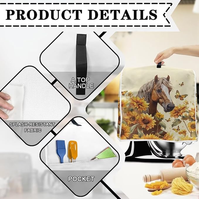 Sunflower Horse Mixer Cover | Foldable & Portable Dust Protector with Carrying Handles | Compatible with 4.5-5 Quart Stand Mixers, Coffee Makers & Juicers