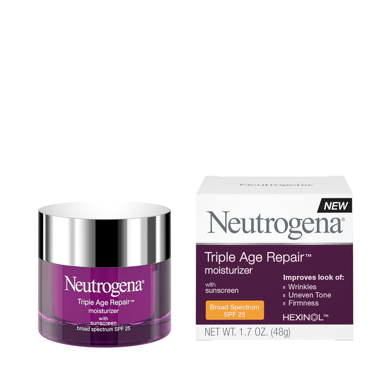 Neutrogena Triple Age Repair Face Moisturizer - with Hexinol Technology & Vitamin C, Anti-Wrinkle Face Cream with SPF 25, Visibly Reduces Wrinkles & Firms Skin, 1.7 oz