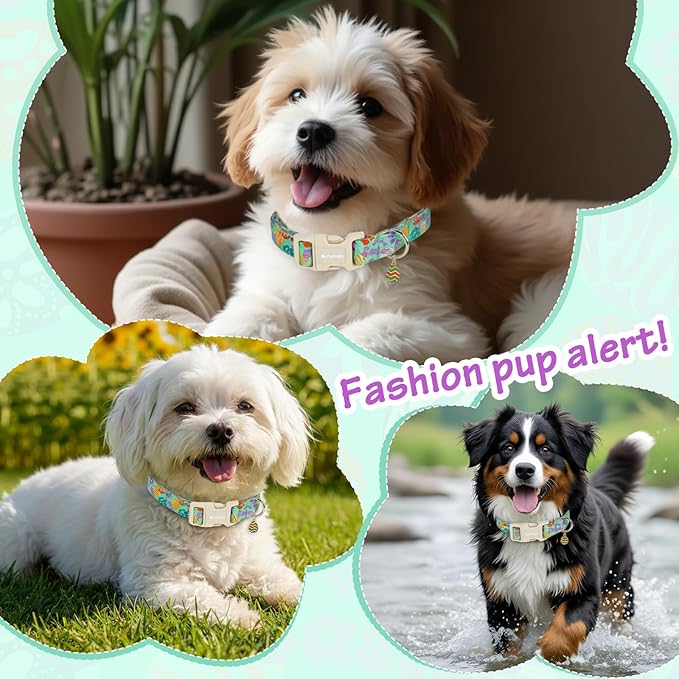 Easter Dog Collar for Large Dogs, Adjustable Green Large Dog Collar with Colorful Eggs Pattern, Cute Easter Dog Collars Girl Boy Collar for Dogs -L