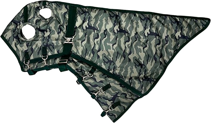 AJ Tack 1200D Waterproof Winter Horse Blanket with Hood - 400g Heavyweight Turnout with Fleece Collar, Shoulder Gussets & Tail Flap - Camouflage 68"