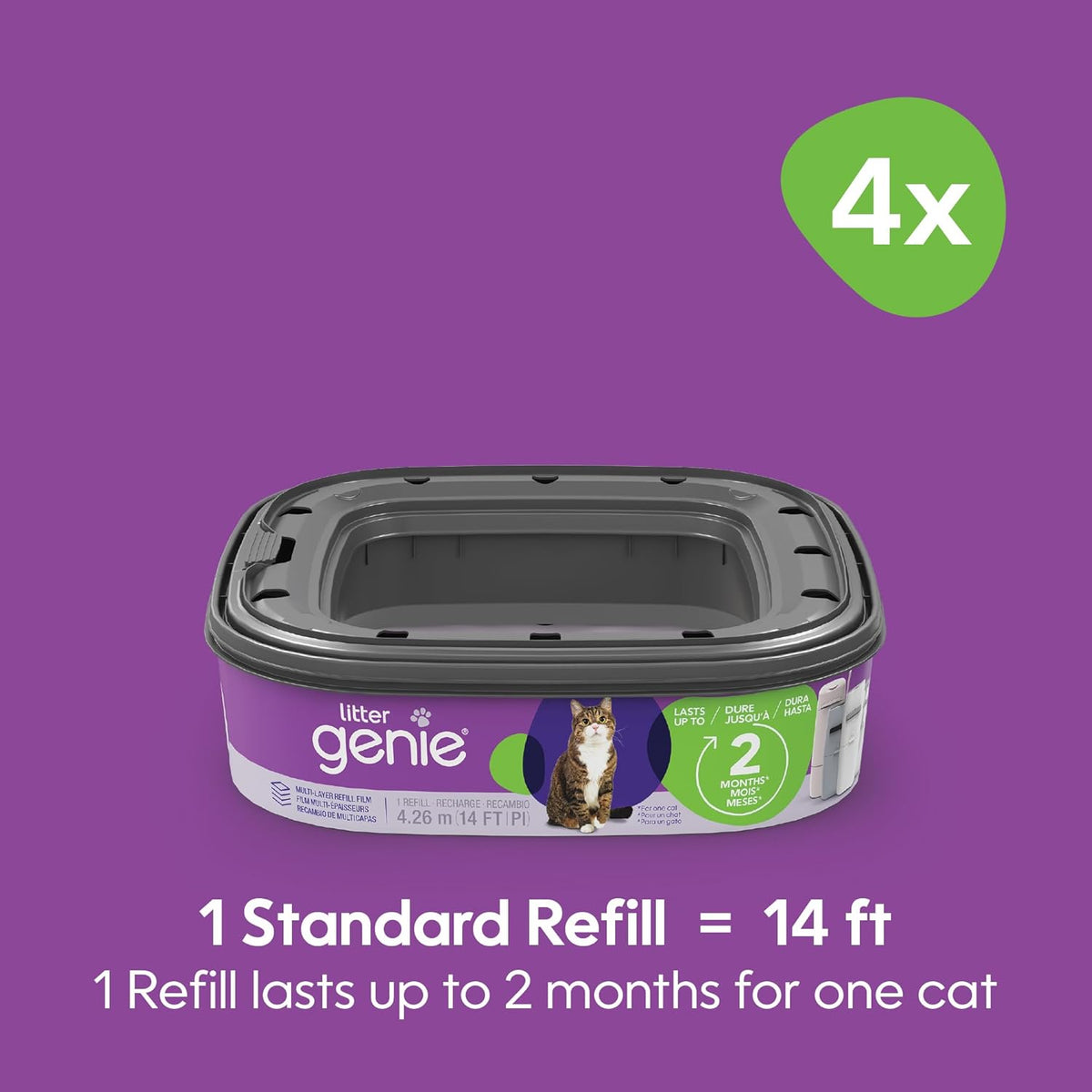 Litter Genie Refill Bags (4-Pack) | Multi-Layers of Odor-Barrier Technology | 1 Square Refill Cartridge Lasts Up to 2 Months Per Cat