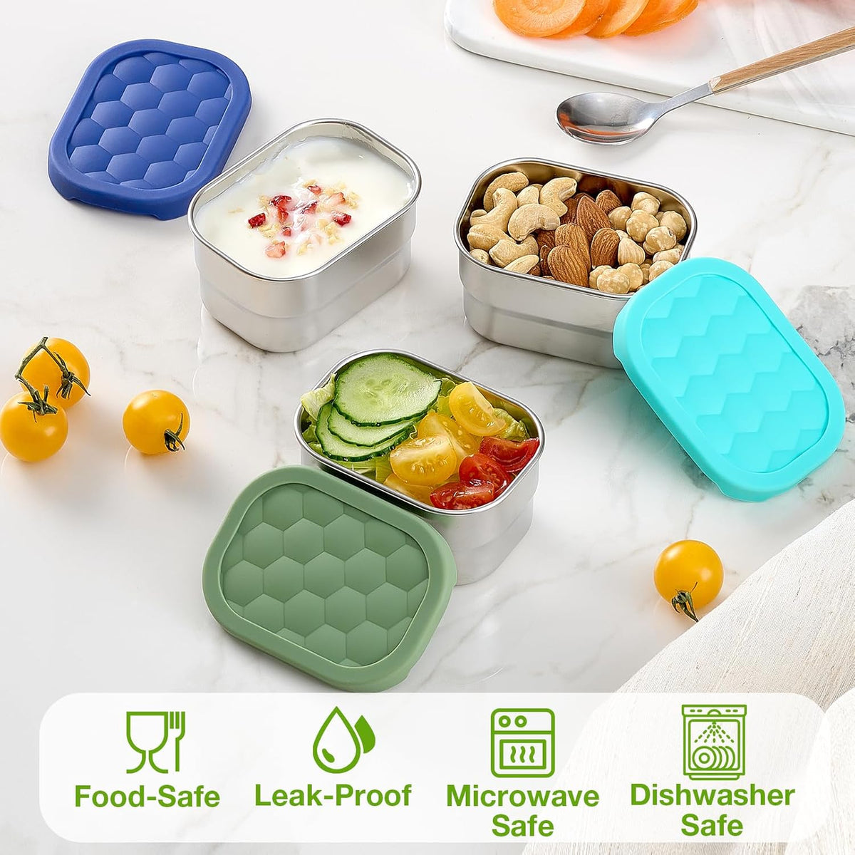 3 Pack Stainless Steel Snack Containers for Kids, 8 oz Easy Open Leak Proof Small Toddler Snack Containers with Silicone Lids, Stackable Metal Lunch Box for Daycare and School (Blue)