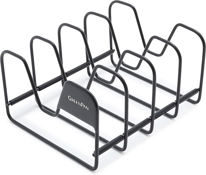 GreenPan Stainless Steel Wire Pots and Pans Lid Storage Rack, Holds 4 Lid Covers, Easy Storage, Countertop or Cabinent Organizer, Minimizes Clutter, Fast Drying, Wipes Clean, Black