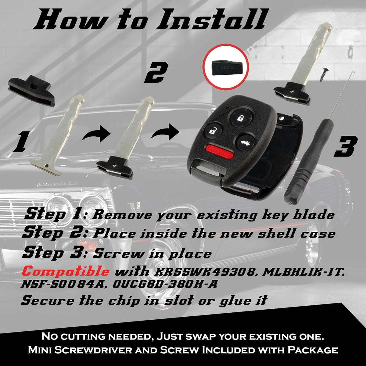 Cutting NOT Required - Key Fob Keyless Entry Remote Shell Case & Pad fits Honda 2003-2012 Accord / 2006-2013 Civic EX / 2009-2015 Pilot /2005-2006 CR-V