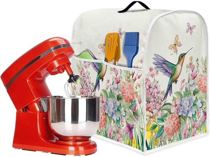Spring Hummingbird Stand Mixer Cover with Top Handle and Side Pocket Washable Food Processor Dust Cover Compatible with 6-8 Quart Coffee Makers Fingerprint Resistant
