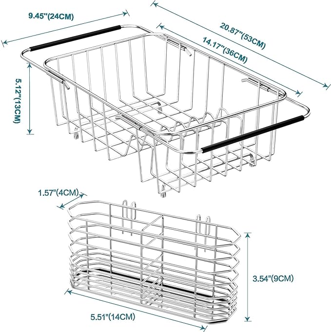 Small Dish Drainer Rack in Sink Adjustable, Expandable 304 Stainless Steel Metal Dish Drying Rack Organizer with Stainless Steel Utensil Holder Over Inside Sink Counter, Rustproof(For 1-2 People)