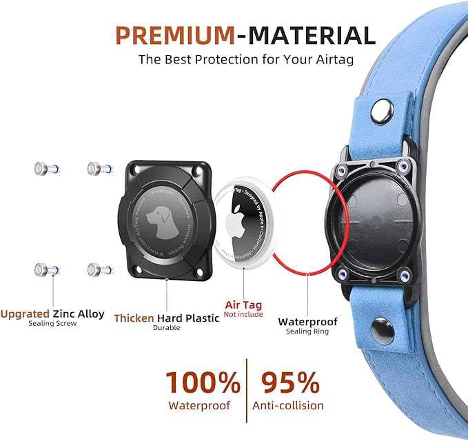 AirTag Dog Collar - Leather Dog Collar with Air Tag Holder | IPX8 Waterproof, Reflective, High - End, Adjustable Soft Padded | Dog GPS Tracker Collars Fit for Medium Large Dogs (Blue, M)