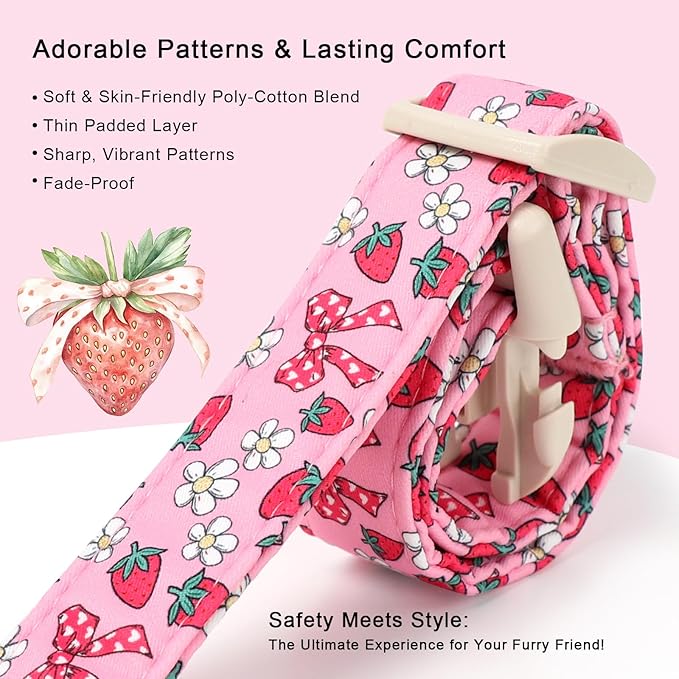 Strawberry Bow Dog Collar for Small Dogs - Cute Pink Spring/Summer Girl Dog Collars, Lightweight Adjustable Female Girly Dogs Collars with Quick Release Buckle S