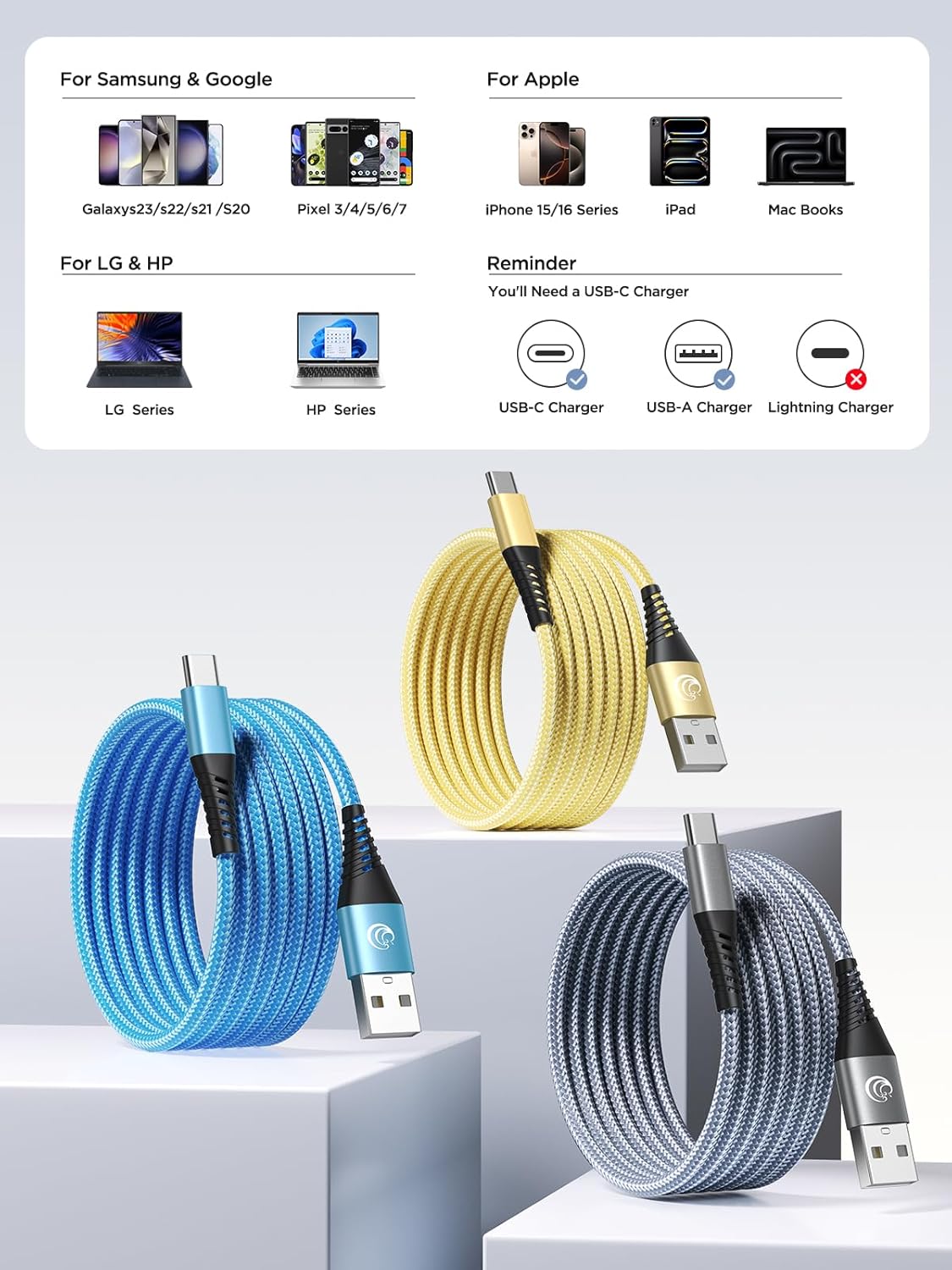 USB C Cable 10FT 3Pack Fast Charging Nylon Braided Long Type C Charger Cable for Samsung Galaxy S24 S23 S22 S21 S10 S9 S8 A02s A03s A11 A12 A13 A14 A21 A22 A32 A42 A53, Tablet, LG, Moto, TCL