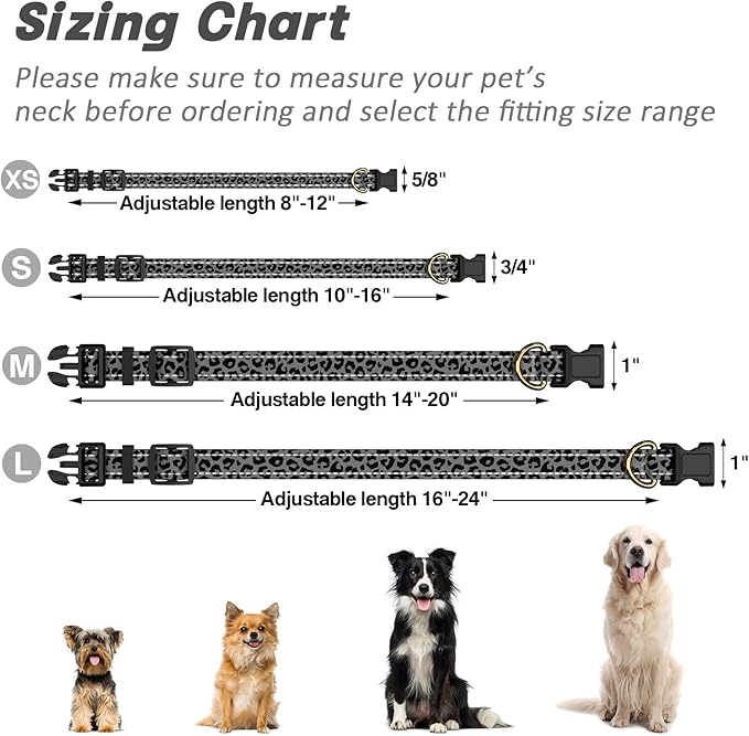 Reflective Dog Collar for Small Dogs Cats, Cute Leopard Style Adjustable Heavy-Duty Nylon Puppy Collar for Boy and Girl Female, Soft Pet Accessories with Quick Release Buckle, Gray