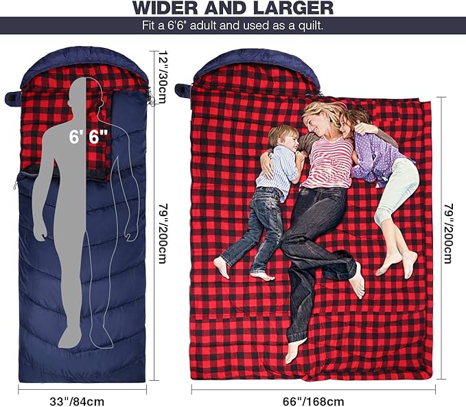 REDCAMP Flannel Sleeping Bag for Adults, Comfortable Cotton Sleeping Bags for Camping with Detachable Hood, Red/Grey/Blue