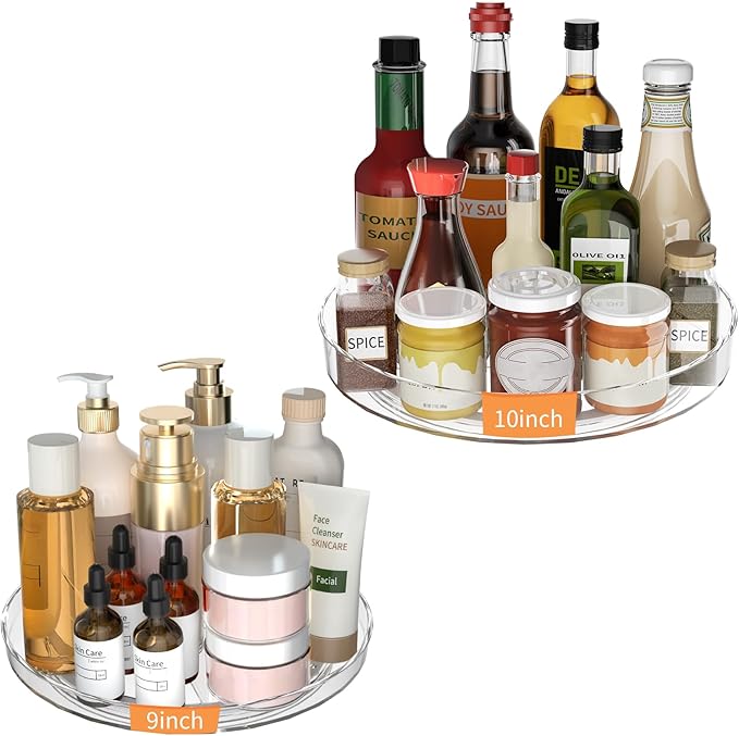 2 Pack Lazy Susan Turntable Organizer, 9 and 10 Inch Rotating Trays for Corner Cabinet, Fridge, Pantry, Kitchen, Table Top, Makeup Vanity, Bathroom Countertop Storage, Acrylic Spinning Spice Rack