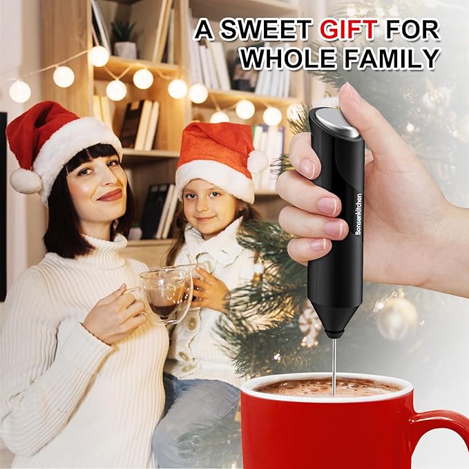 Bonsenkitchen Powerful Milk Frother for Coffee, Fast Handheld Drink Mixer with Stainless Steel Whisk, Battery Operated Hand Frother Stirrer Wand-Black