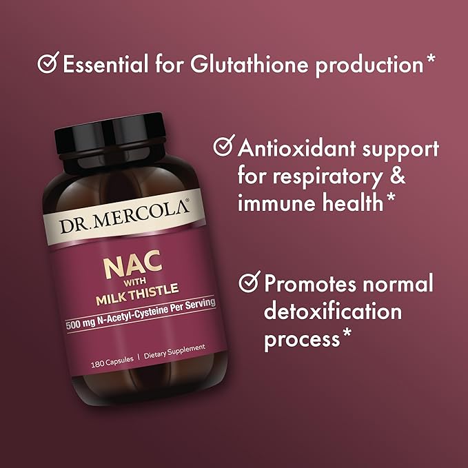 Dr. Mercola NAC with Milk Thistle, 90 Servings (180 Capsules), 500 mg N-Acetyl-Cysteine Per Serving, Dietary Supplement, Supports Normal Detoxification Processes, Non-GMO