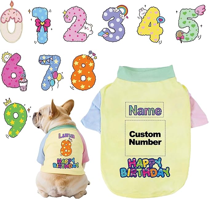 Custom Dog Birthday Shirt,Personalized Pet Apparel Print with Name Age Number,Pet Birthday Outfit,Lightweight Breathable Cotton Vest for Small Medium Large Dogs Cat (Dopamine Yellow, Medium)