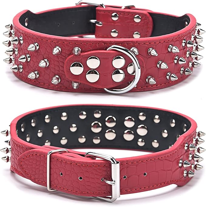 Serijoars Spiked Studded Dog Collar, PU Leather Dog Collar, Adjustable Pet Collars for Medium or Large Breed Pet (M, Red1)