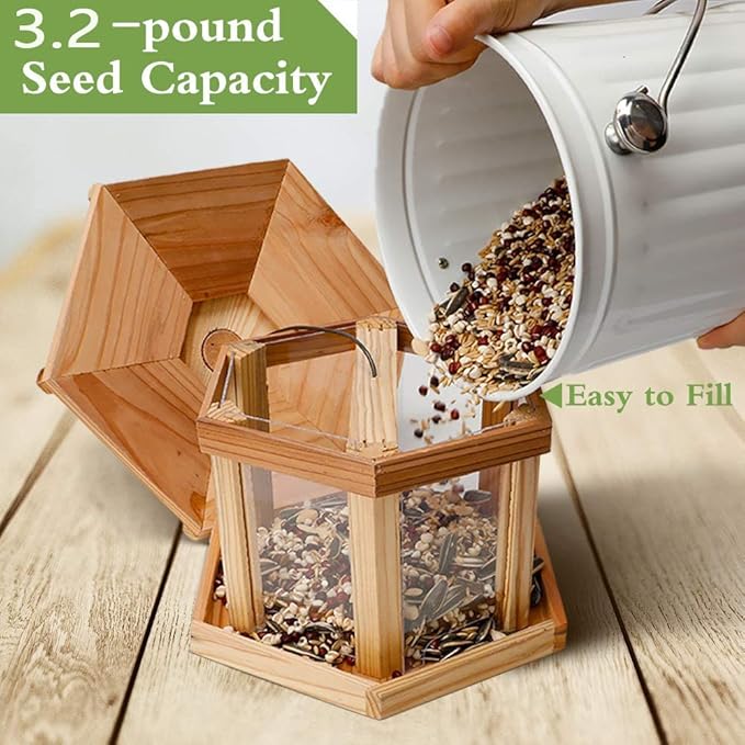 Solution4Patio Bird Feeder for Outdoors - USA Cedar Hexagon Gazebo Bird Feeders with Vented Mesh Tray, Easy-Clean & Fill Design 9.6" Dia. X 8.7" H 3.2-lb Capacity
