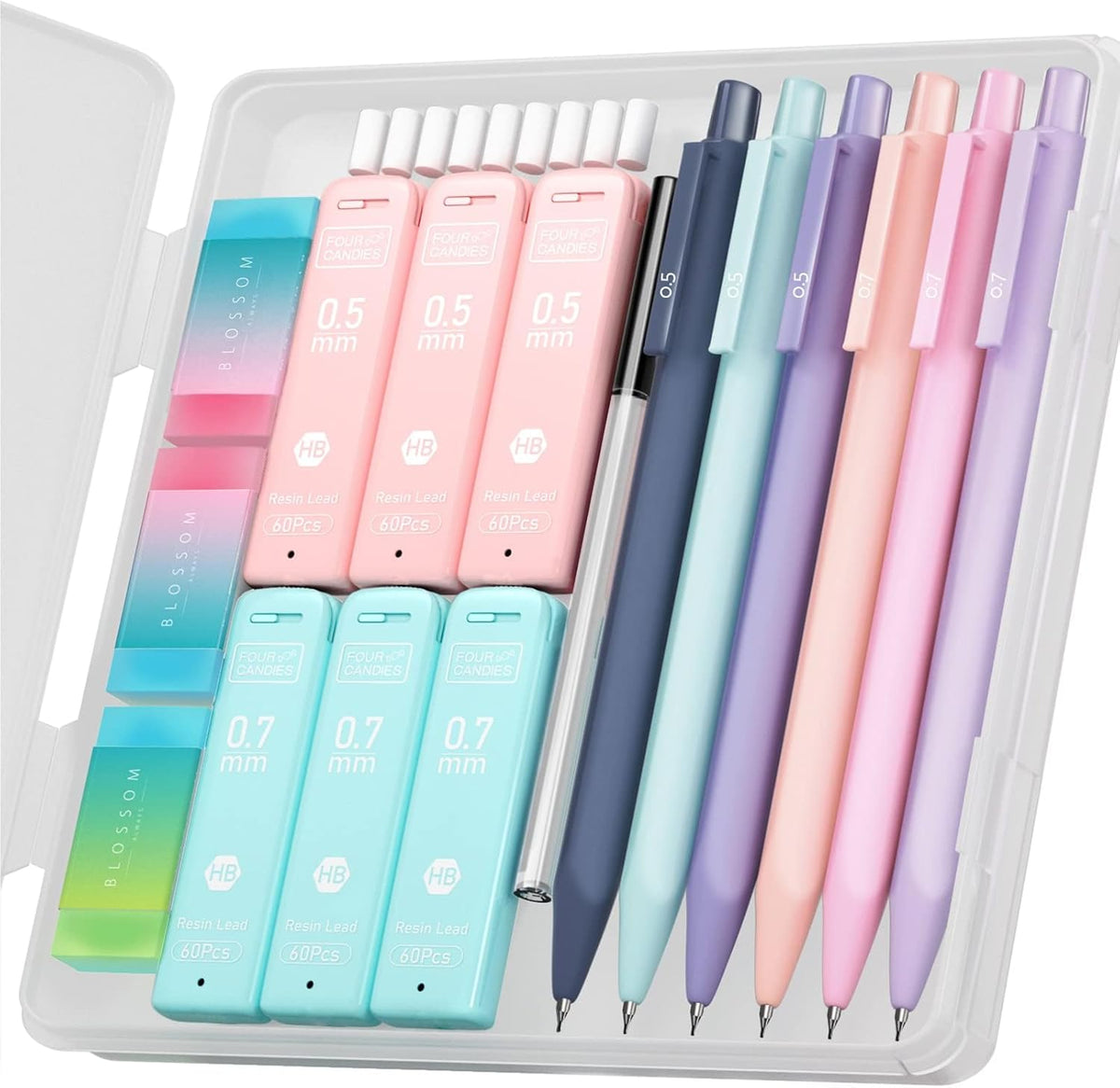 Four Candies Cute Mechanical Pencil Set, 6PCS Pastel Mechanical Pencils 0.5 & 0.7mm with 360PCS HB Leads, 3PCS Erasers and 9PCS Eraser Refills, Aesthetic School Supplies for Girls Writing