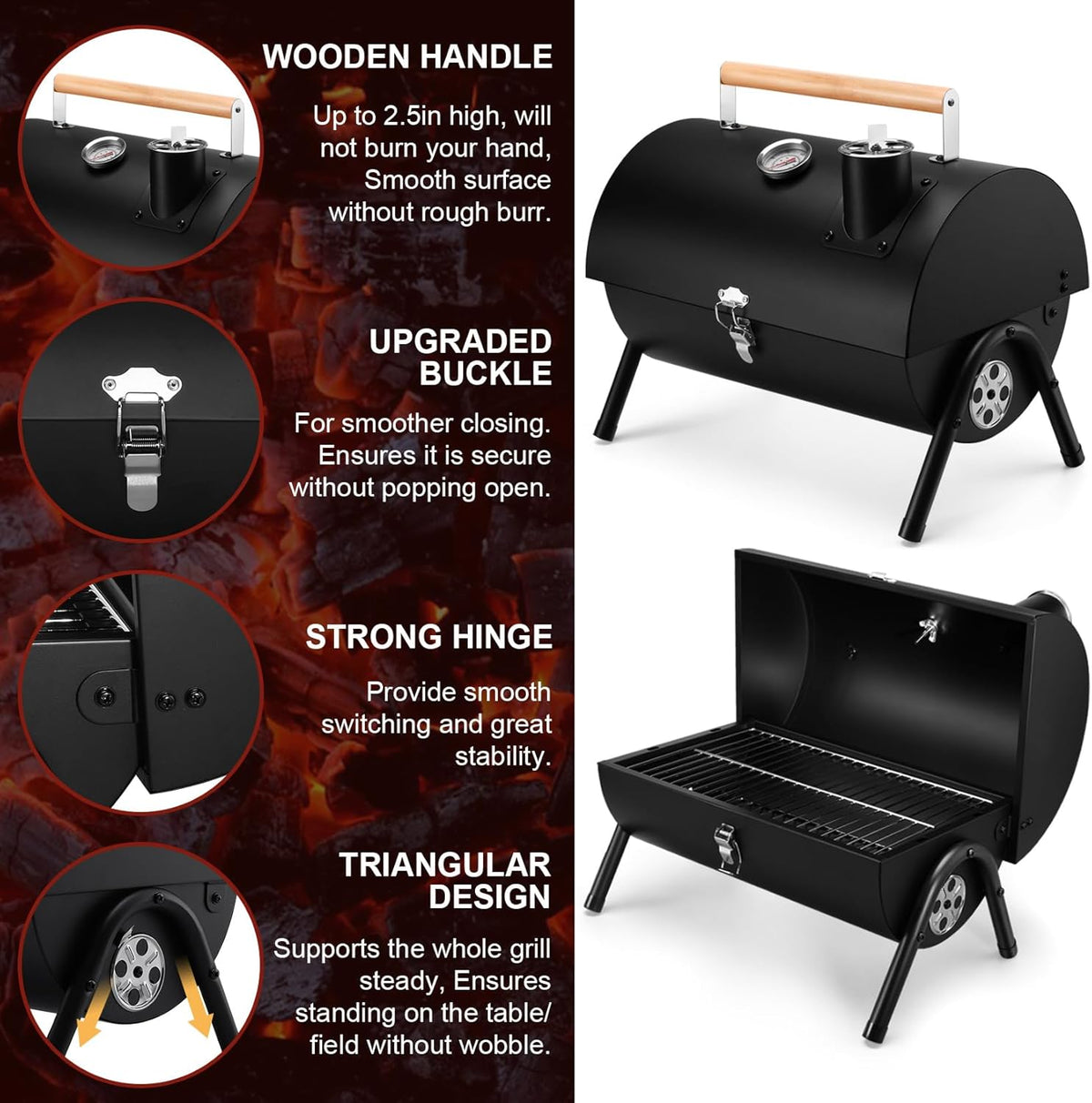 Joyfair Portable Charcoal Grill with Thermometer, Small Tabletop Barbecue Grill for Outdoor Camping Backyard Party BBQ Cooking, Extra Thick Steel & Heavy Duty, Innovative Design & Easy Assembly