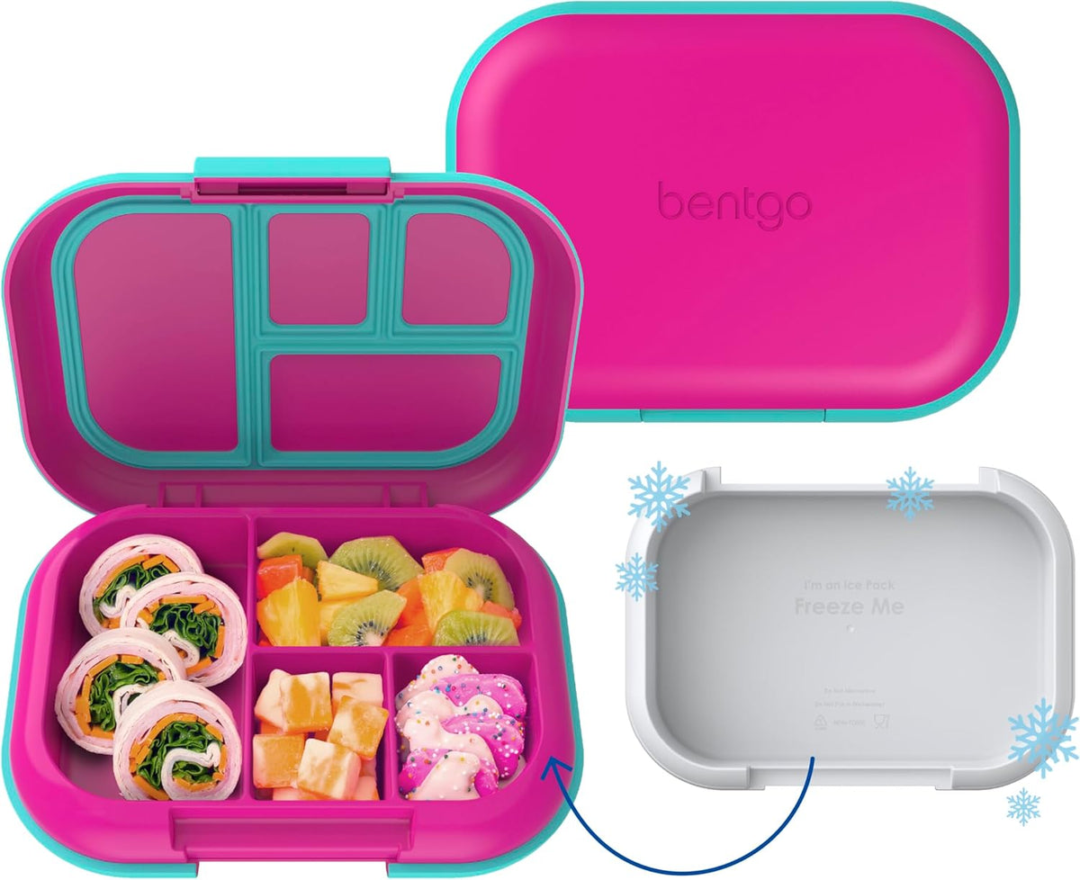 Bentgo Chill Kids Leak-Proof Lunch Box - 4-Compartment Bento Box with Built-In Ice Pack, 3.3 Cup Capacity, PFAS & BPA-Free, Microwave & Dishwasher Safe, Ideal Size for Ages 3 to 7 (Fuchsia/Teal)