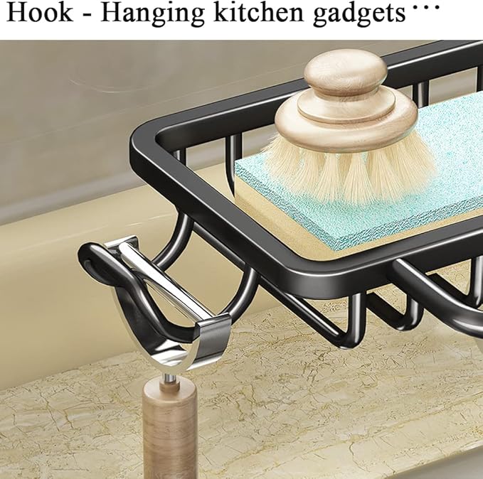 Faucet Sponge Holder Upgraded Kitchen Sink Caddy Organizer with Dish Towels Drying Rack & Hooks Over Faucet Hanging Faucet Drain Rack for Sink Organizer (with Towel Rack-Right, Black)