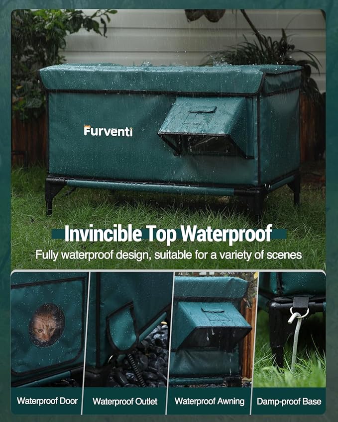 Outdoor Heated Cat House in Winter,Extremely Insulated & Weatherproof,Elevated Feral Cat Shelter with Waterproof Eaves & Escape Door for Outside Stray Barn Cat (Dark Green, XL)