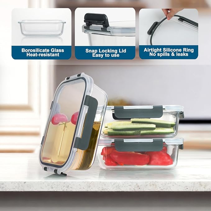 BAYZZ 10 Pack Glass Meal Prep Containers, Glass Food Storage Containers with Lids, Airtight Lunch Box, Freezer,Oven,Microwave and Dishwasher Safe