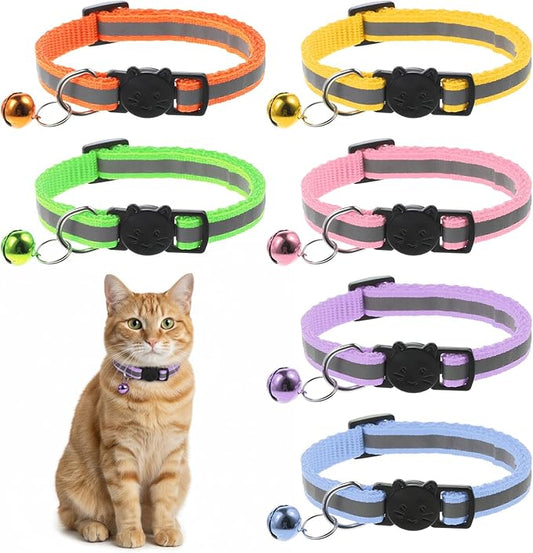 TIESOME 6 Pcs Reflective Cat Collar with Bell, Breakaway and Safe Collars for Cats, Nylon, Pet Collar Mixed Colors Adjustable 7.8-12.6 Inch