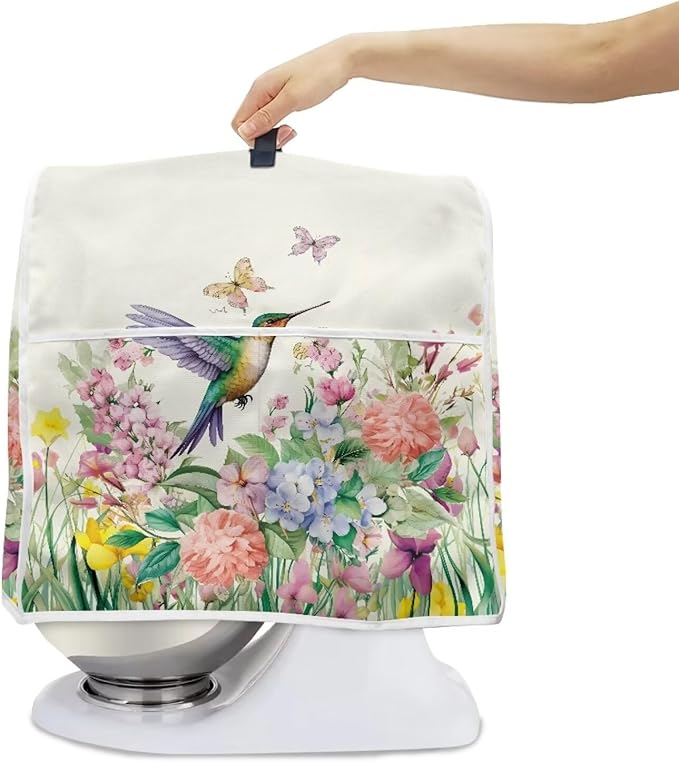 Spring Hummingbird Stand Mixer Cover with Top Handle and Side Pocket Washable Food Processor Dust Cover Compatible with 6-8 Quart Coffee Makers Fingerprint Resistant