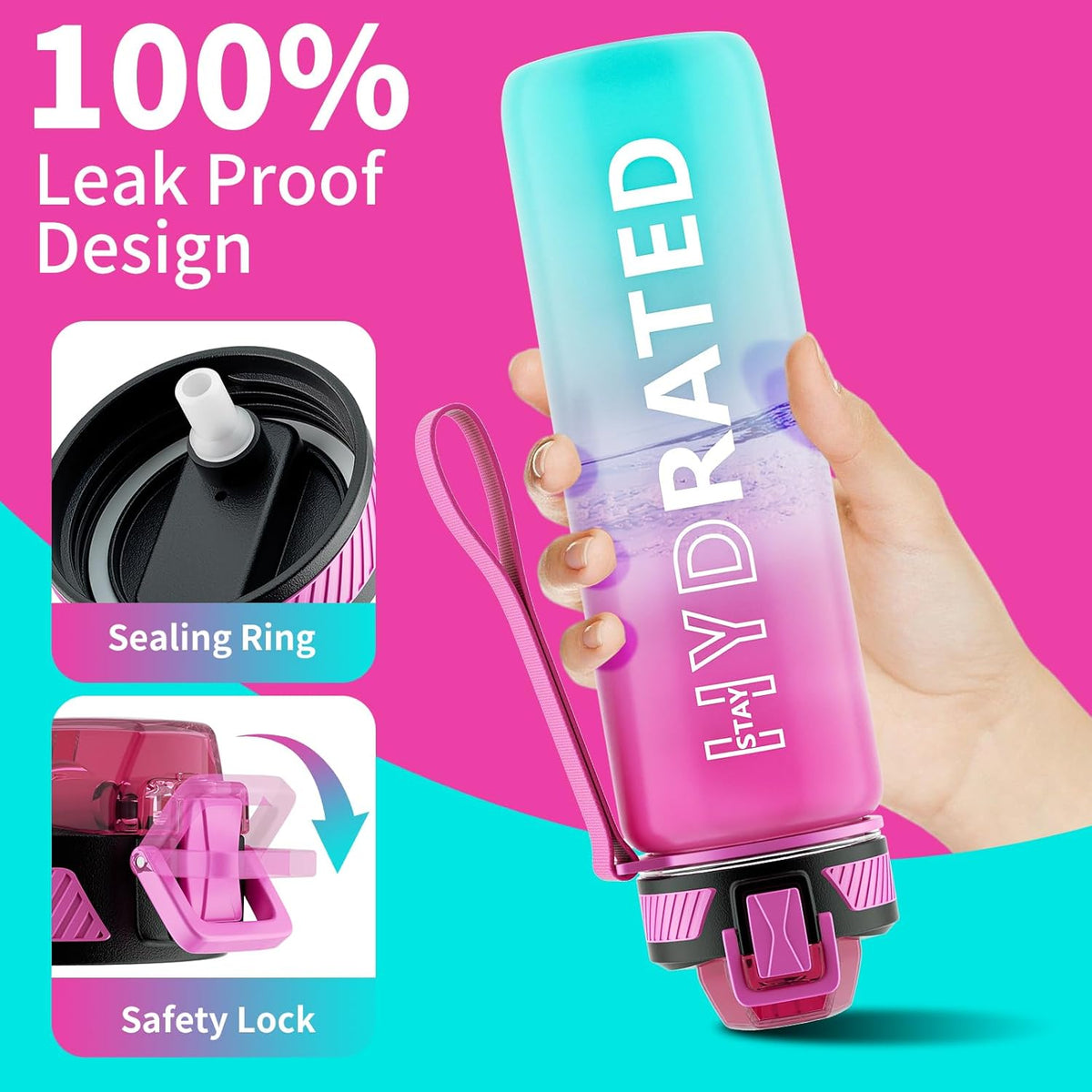 Water Bottle with Straw, 32oz Motivational Water Bottles with Time Marker to Drink, Tritan BPA Free, 1L Sports Water Bottle with Carry Strap LeakProof for Women Gym Fitness Outdoor (1 Pack)