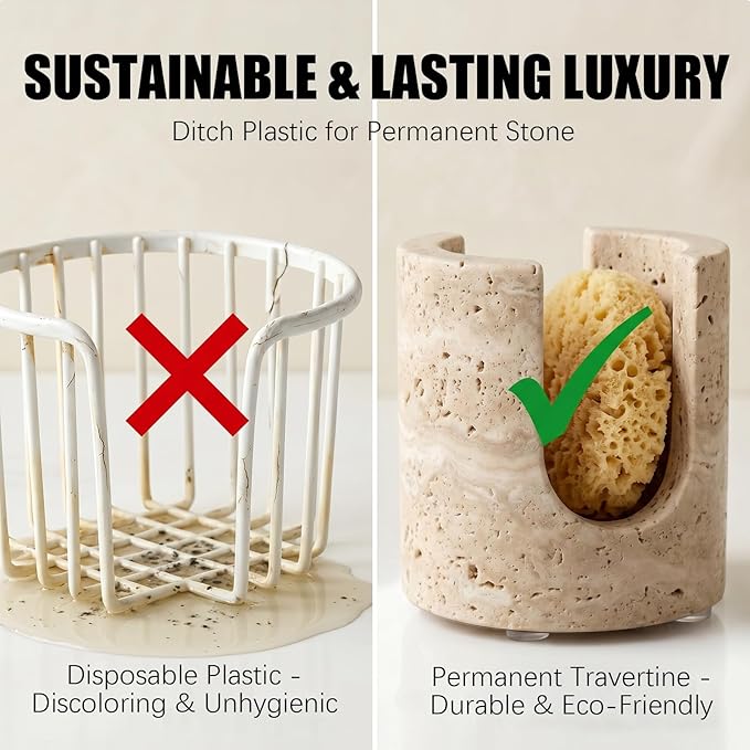 Natural Travertine Sponge Holder - Wabi-Sabi Stone Drying Rack for Kitchen Sink & Bathroom, Decorative Candle Tray, Flowers Organizer & Toothbrush Holder - Housewarming Gift, Home Decor