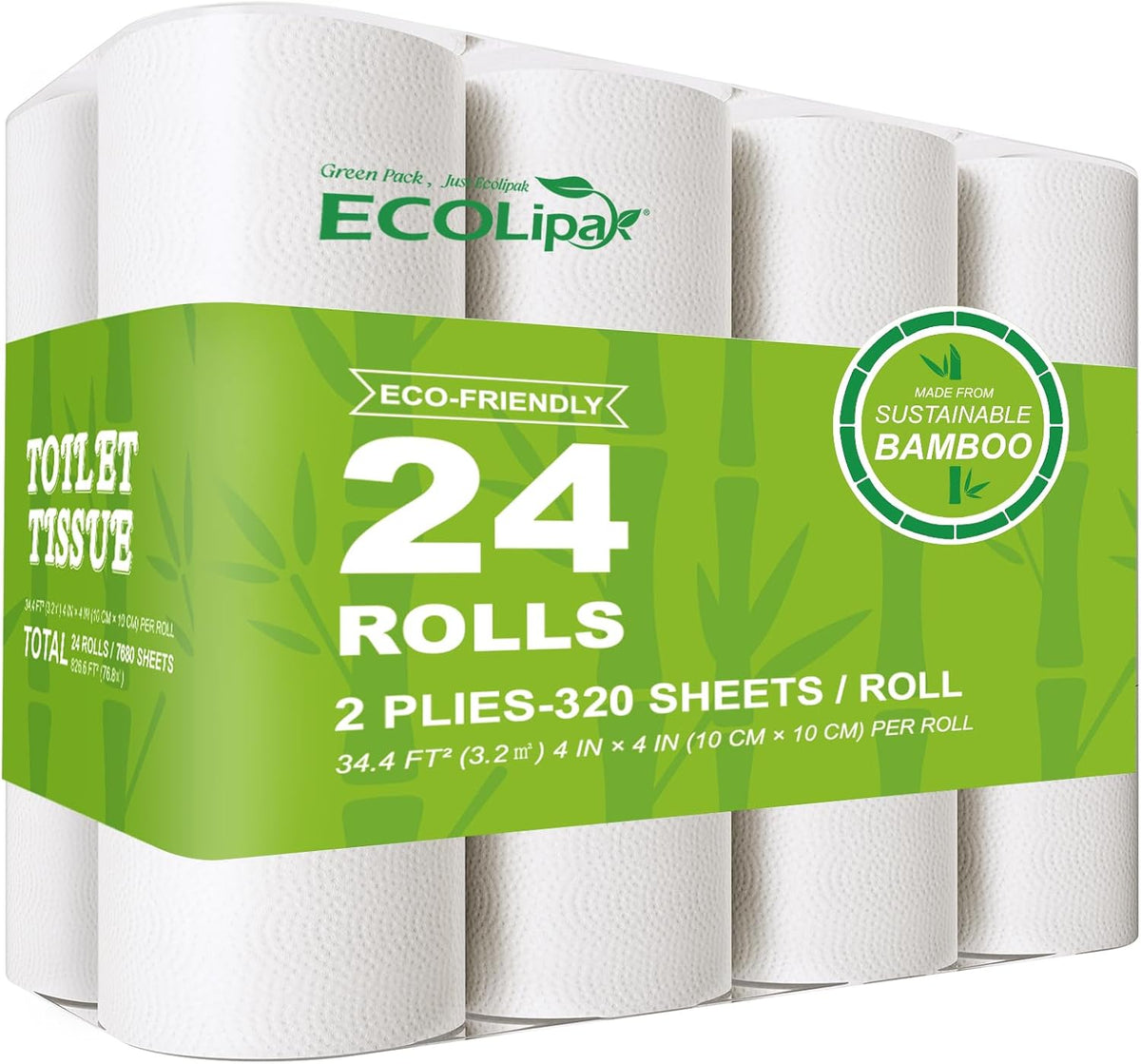 ECOLipak Bamboo Toilet Paper, Septic Safe Toilet Tissue, 24 Double Rolls, 320 Sheets Per Roll, Tree Free, Non Toxic, 2 Ply, Soft and Absorbent, Eco Friendly Dye-Free Paper