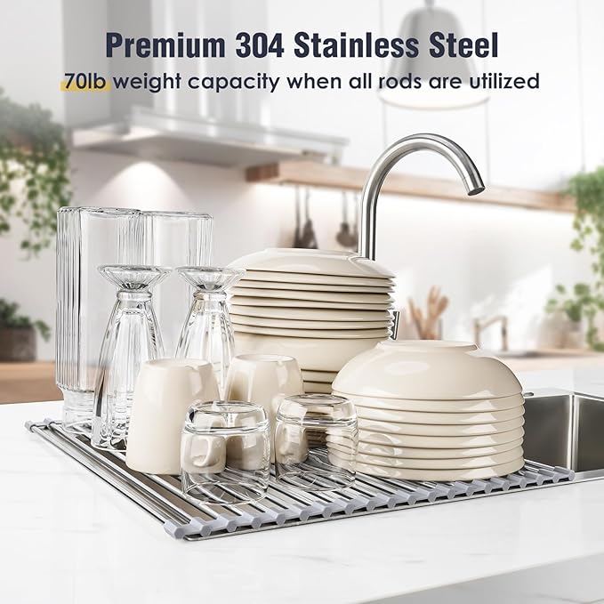 Tomorotec 17.7" x 15.5" Roll Up Dish Drying Rack Over Sink Drying Rack Sink Cover Kitchen Sink Accessories Gadget Multipurpose Organizer Foldable Stainless Steel Drainer (Grey)