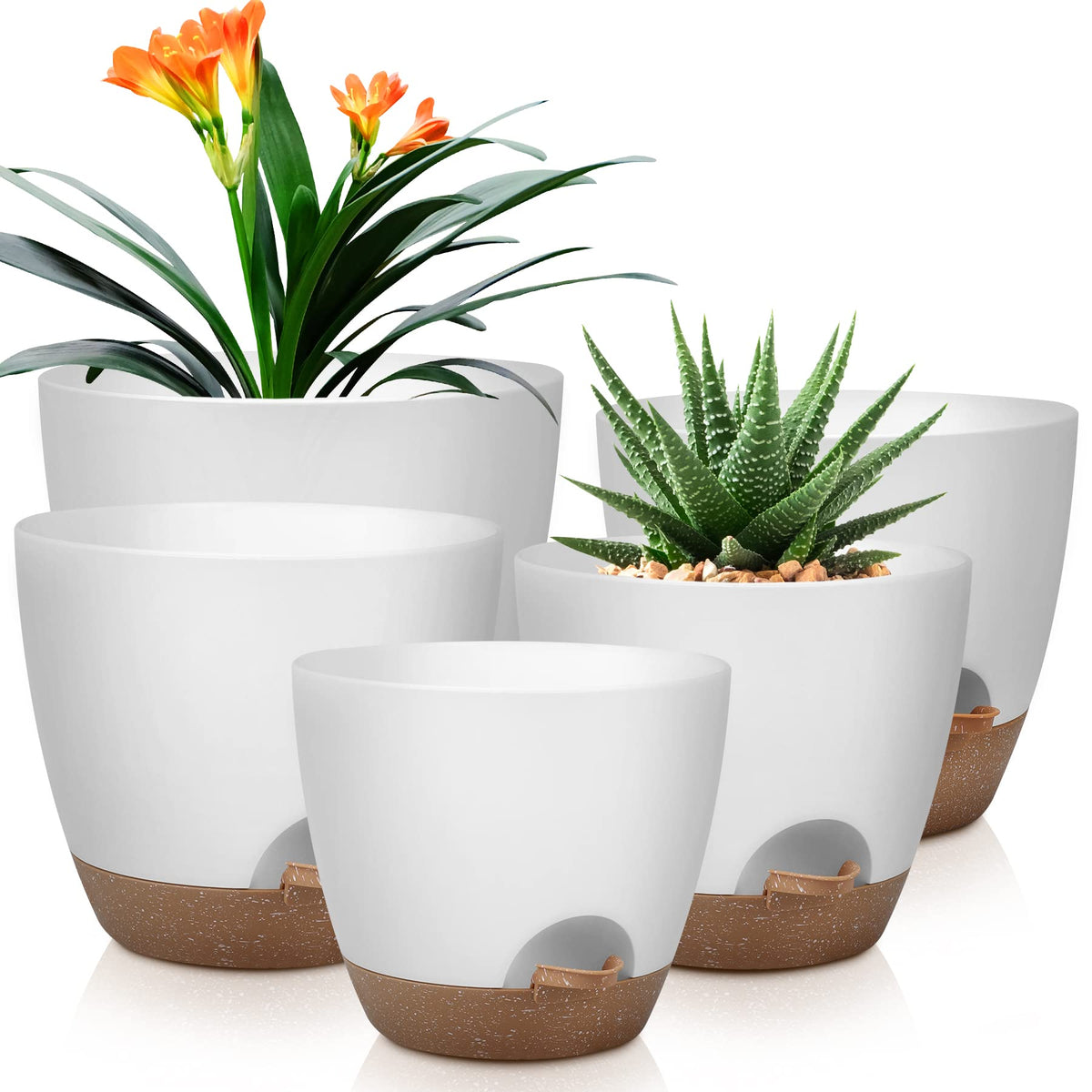 Plant Pots 10/9/8/7.5/7 Inch Self Watering Pots, Set of 5 Plastic Planters with Drainage Holes and Saucers,Plastic Flower Pots,Nursery Planting Pot for Indoor Out Door Plants（White）
