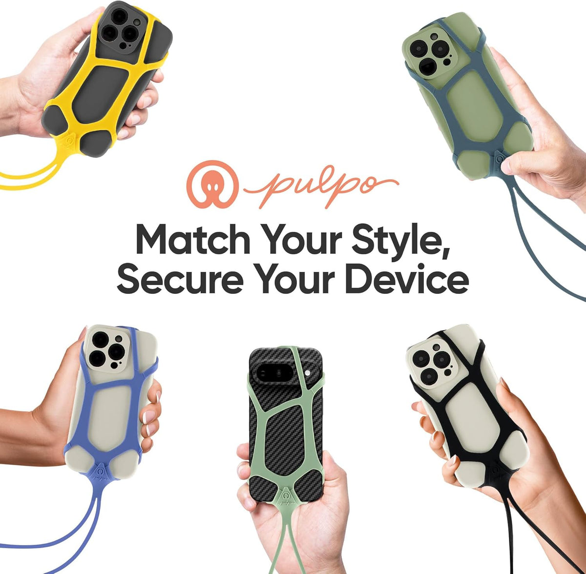 Pulpo Safety Cell Phone Lanyard Black Fits Smartphones 6.1" to 6.8” - Anti Theft Phone Strap for Men & Women, Lanyards for Phones, Hiking Phone Holder & Cellphone Lanyard, Silicone Crossbody Straps