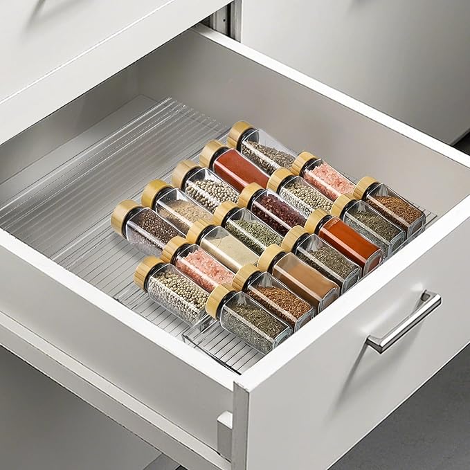 Spice Drawer Organizer, 4 Tier Clear Acrylic Drawer Seasoning Organizer Rack, Kitchen Seasoning Jars Drawers Insert, Expandable 11" to 22" Spice Rack Tray for Cabinet/Countertop (Jars Not Included)