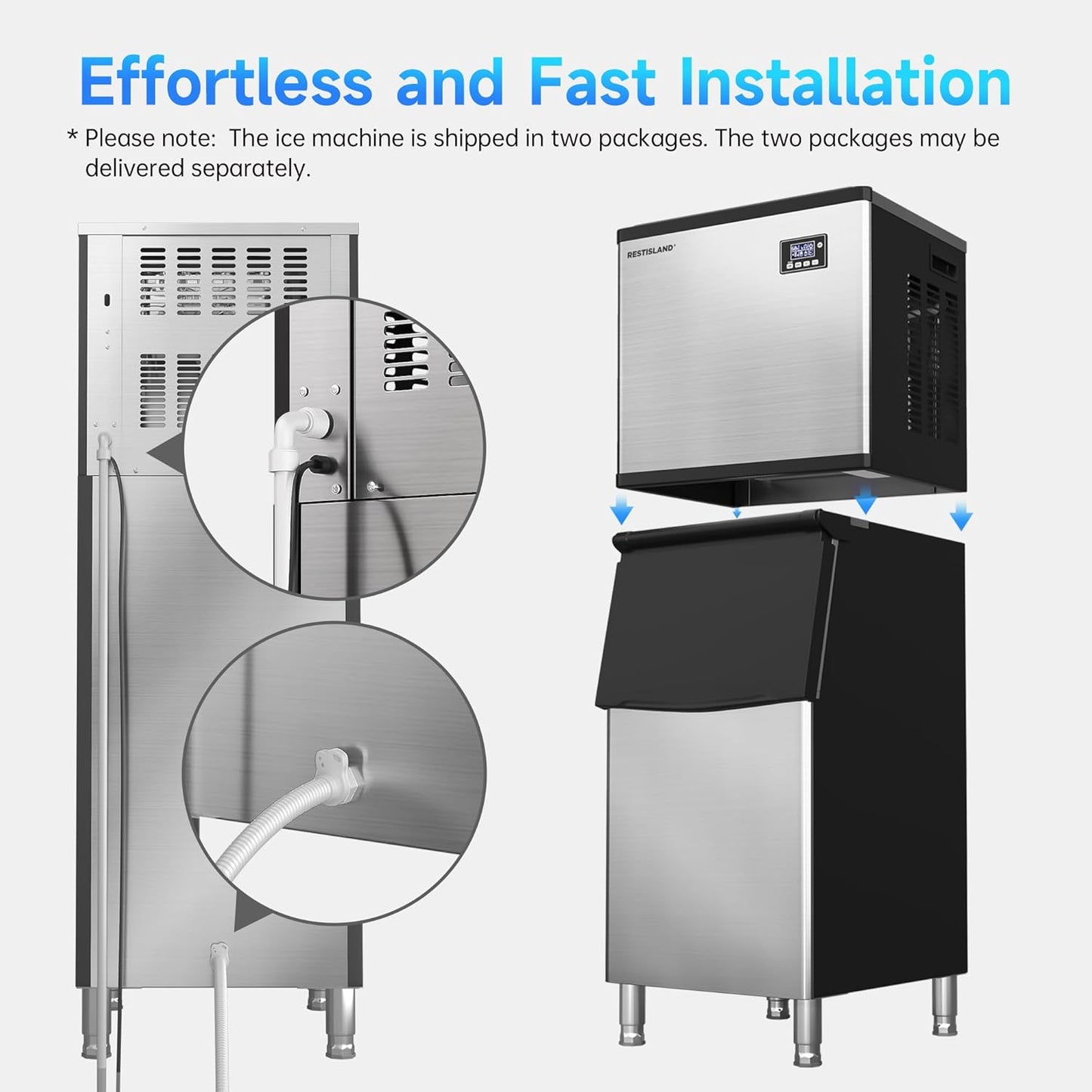 Commercial Ice Maker Machine, 360 lbs /24 h, 200 lbs Storage Bin, Industrial Ice Machine, Blue Light, Stainless Steel, Perfect for Bar/Home/Business