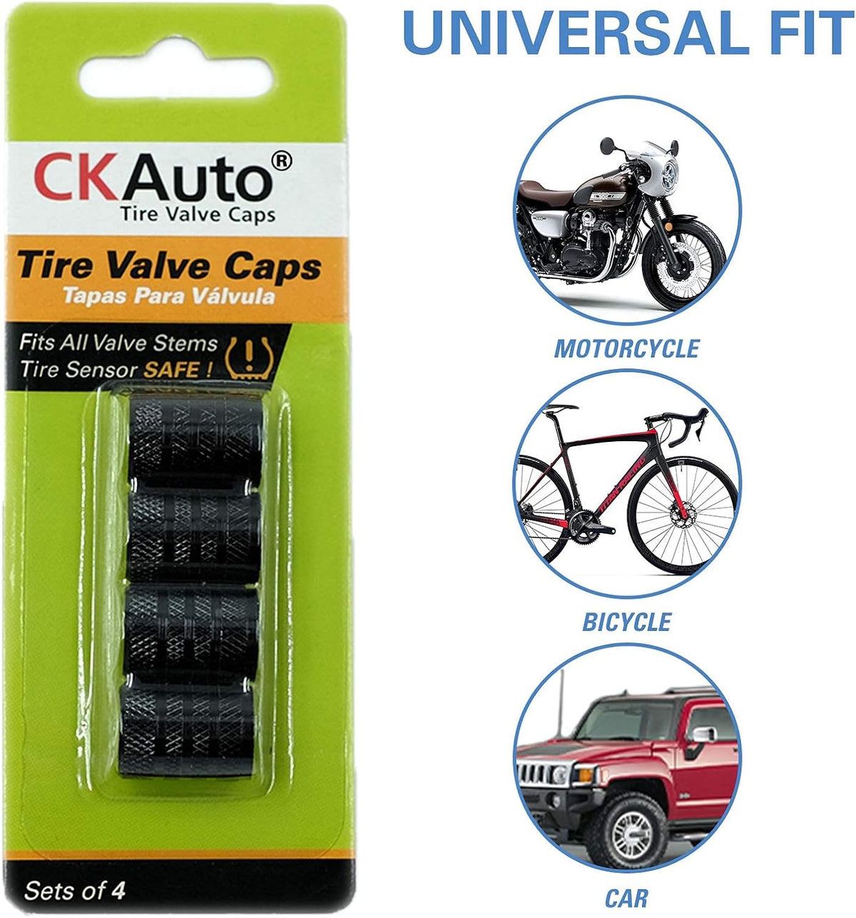 CKAuto Tire Valve Stem Caps, Black, 4 pcs/Pack, Anodized Aluminum Tire Valve Cap Set, Corrosion Resistant, Universal Stem Covers for Cars Trucks Motorcycles SUVs and Bikes